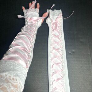 Long Corset Gloves White Pink Bride Lace Up Sleeves Wedding Arm Covers Bridal OS